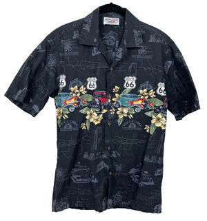Pacific Legend Men’s Hawaiian Shirt Med Route 66 Classic Hot Rod MidPoint Cafe